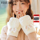 VISTIMAC滑雪手套女秋冬季加厚加絨毛絨可愛(ài)韓版防寒卡通半指騎行保暖手套 抱爪兔耳奶白