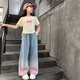 迪士尼（Disney）女大童牛仔褲套裝夏裝2025新款洋氣女孩短袖寬松漸變闊腿褲兩件套 米色短袖 150 (建議身高135-145CM)