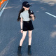諾佳微淇女童2025夏季新款短袖短褲套裝韓版洋氣純色上衣修身百搭打底衫潮 灰色上衣+黑色短褲【兩件套】 170