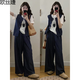 歐絲婕（OUSIJIE）大碼女裝胖mm夏季新款時(shí)尚寬松簡(jiǎn)約T恤馬甲闊腿褲三件休閑套裝女 三件套 4XL 【180-200斤】
