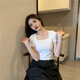 沐霓藍色正肩短袖T恤女春秋內搭設計感小眾修身顯瘦辣妹方領(lǐng)短款上衣 白色 L （建議95-105斤）