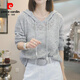皮爾卡丹（pierre cardin）鉤花鏤空連帽v領(lǐng)針織衫女裝2025新款上衣防曬罩衫慵懶風(fēng)灰色毛衣 灰色 2XL (建議130斤-145斤)