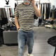花花公子2023夏季新款男士條紋短袖T恤寬松個(gè)性百搭上衣清新文藝 灰色 3XL _[170-190斤]