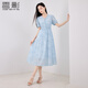 香影重工鏤空刺繡連衣裙女2025夏季新款收腰打攬藍色泡泡袖v領(lǐng)裙 藍色 L 165/88A/110-125斤
