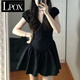 LPOX裙子女夏季2025新款小眾設(shè)計高級感收腰短袖連衣裙a字裙子女 黑色 L 【105-120斤】
