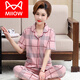 貓人（MiiOW）睡衣女短袖長(cháng)褲純棉媽媽春夏季薄款開(kāi)衫加大碼中老年全棉兩件套裝 純棉-WH3792 4XL 【適合180-200斤】
