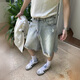 衣然呈品美式潮牌復古水洗做舊破洞牛仔短褲男夏季休閑寬松闊腿五分褲子男 藍色 L 【建議120-135斤】