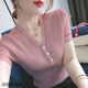 瀅蓓冰絲V領(lǐng)短袖t恤女夏新款韓版百搭修身顯瘦紐扣拼接針織衫上衣薄款 粉紅色 2XL (建議120-140斤)