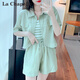 拉夏貝爾（La Chapelle）夏季套裝女裝2025年夏季新款時尚簡約短褲短袖襯衫條紋吊帶三件套 綠色套裝 L