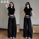 圣保美黑色西裝闊腿褲女夏季2025新款小個(gè)子穿搭慵懶風(fēng)寬松休閑褲子套裝 【黑色上衣+黑色褲子】套裝 M 碼