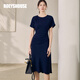 ROEYSHOUSE羅衣時(shí)尚深藍色收腰連衣裙女2025夏季新款氣質(zhì)連袖修身A字裙11900 深藍色 M