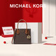 MICHAEL KORS禮物送女友輕奢MK女包MERCER老花手提斜挎風琴包中號 深棕/橡果棕
