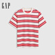 GAP男女裝夏季款小熊刺繡純棉條紋短袖T恤寬松上衣727474 西瓜紅 XS (165/84A) 亞洲尺碼
