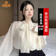 派吉鯊法式蝴蝶結(jié)襯衫女春秋設(shè)計(jì)感小眾小個(gè)子雪紡白色襯衣寬松長袖上衣 米白色 S