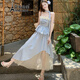 艾美琦美（AIMEIQIMEI）法式連衣裙夏天女2025年新款甜美格子吊帶網(wǎng)紗拼接不規(guī)則裙子套裝 兩件套 S