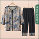 老人衣服夏裝短袖奶奶夏季套裝中老年人女裝媽媽裝襯衫 藍(lán)色【套裝】 2XL 建議105-120斤