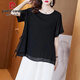 皮爾卡丹（pierre cardin）雪紡衫女?huà)寢屟b黑色新款夏季圓領(lǐng)大碼短袖上衣寬松遮肚洋氣小衫 黑色 XL 121-136斤