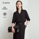 AMII七夕禮物2025夏新款通勤翻領(lǐng)V領(lǐng)拼蕾絲涼感雪紡衫女五分袖寬松 黑色 L