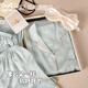 貓人夏季冰絲睡衣女士高級裸感長(cháng)袖長(cháng)褲睡褲外穿家居服三件套套裝 主圖款冰心藍-長(cháng)袖兩件套 【不帶禮盒】 XL 【156-172cm/約116-130斤】