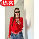 蕉京韓系假兩件紅色格子針織小開(kāi)衫女秋冬設(shè)計(jì)感拼接毛衣外套短款上衣 紅色 L