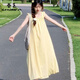 春乏法式甜美度假風(fēng)連衣裙女夏季新款寬松遮肉吊帶裙子女 奶黃色連衣裙 S