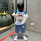 佐緋絡(luò)哪吒衣服男童夏季短袖套裝2025夏裝T恤短褲帥氣兩件套潮 藍(lán)色 套裝 80