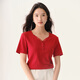 茵曼親膚無(wú)感舒適V領(lǐng)蕾絲花邊女士短袖上衣T恤 復古紅 XL