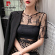 皮爾卡丹透視蕾絲打底衫女短袖t恤女2025款薄紗內搭紗衣仙氣鏤空網(wǎng)紗上衣 黑色 3XL