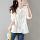 尚靜襯衫女秋夏2025新款女裝設計感褶皺寬松圓領(lǐng)白色襯衣女七分袖上衣