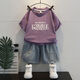 潮牌豬男童短袖T恤套裝夏季2025新款兒童帥氣時(shí)髦潮小男孩牛仔短褲夏裝 紫色【套裝】 110
