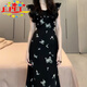 EPET氛圍感法式小飛袖碎花連衣裙子女裝2025新款夏季穿搭黑色收腰長裙 黑色連衣裙 M 85-105斤