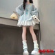 咚憬韓系甜美清新學(xué)院風(fēng)薄款鏤空針織罩衫女+高腰短款半身裙兩件套裝 套裝藍(lán)色薄罩衫+半身短裙 S