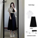 丹珠娜（DanZhuNa）連衣裙子女夏季2025新款女裝學(xué)院風(fēng)法式穿搭套裝小個(gè)子襯衫裙子女 白色上衣+黑色裙子 M