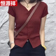 恒源祥大碼酒紅色V領(lǐng)針織衫短袖上衣女士2025夏季新款氣質(zhì)輕熟百搭小衫 暗紅色 3XL (建議145斤-160斤)