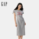 Gap女裝2025夏季新款純棉印花logo收腰抽褶開叉短袖連衣裙764855 淺灰 S (160/80A) 亞洲尺碼