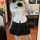 莜仙格學院風泡泡袖上衣女白色jk襯衫短袖法式別致甜美小眾綁帶收腰襯衣 白色上衣 (單件襯衣) M 建議96-105斤
