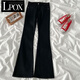 LPOX牛仔褲女高腰黑色彈力微喇牛仔褲女春夏修身顯瘦2025新款辣妹款 黑色 微喇長褲[身高156-165] M [建議96-105斤]