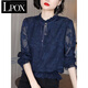 LPOX2025年春裝新款襯衫女薄款長(cháng)袖打底衫遮肚小衫女裝碎花雪紡上 寶藍花(213 長(cháng)袖) 5XL 建議150-168斤