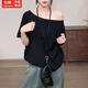緋垚一字肩短袖T恤女秋黑色純欲斜領(lǐng)露肩寬松顯瘦別致設計感氣質(zhì)上衣 【黑色】 S