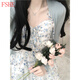 FSHE藍色碎花吊帶連衣裙女夏季2025新款蛋糕裙小個子套裝兩件套 藍色碎花裙+藍色開衫 M