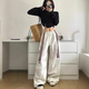 衣然呈品美式復古工裝休閑褲女春秋新款大碼胖mm寬松bf慵懶風(fēng)顯瘦闊腿褲子 杏色 M 【建議105-120斤】