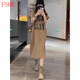 FSHE2025新款大版短袖t恤女連衣裙夏季復(fù)古感大碼慵懶風(fēng)開(kāi)叉長(zhǎng)款上衣 深卡其 L