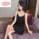 浪莎（LangSha）吊帶睡衣女套裝夏季冰涼感睡衣新款帶胸墊美背冰絲可愛(ài)家居服套裝 黑色331 帶胸墊 L 建議95-110斤