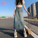 JAVC高腰開(kāi)叉牛仔半身裙女a(chǎn)字裙包臀梨形身材長(cháng)裙小個(gè)子2025新款夏季 復古藍前開(kāi)叉 M 建議 【90-105斤】