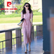 皮爾卡丹（pierre cardin）大牌純亞麻連衣裙2025新款夏季V領氣質中長款收腰顯瘦寬松裙子 粉紅色 M 【建議95-110斤】