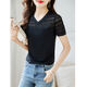 尚靜蕾絲鏤空拼接T恤夏季款純色V領(lǐng)修身顯瘦上衣女 黑色  XL 