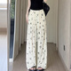 巧丂闊腿褲女夏季高腰垂感休閑慵懶小個子蝴蝶印花破洞白色直筒褲 白色 XL 建議115-130斤穿