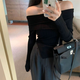 貞喜氣一字肩上衣女內(nèi)搭打底衫春夏季新款女裝高級感長袖修身顯瘦內(nèi)搭 黑色 均碼 建議80-120