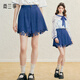 兩三事步入花途 2025夏季新款甜美鏤空花邊下擺裙褲高腰短褲 深藍色 L