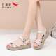 紅蜻蜓涼鞋女休閑舒適涼鞋女軟底坡跟軟皮沙灘女鞋WTK25153 米白色  38 